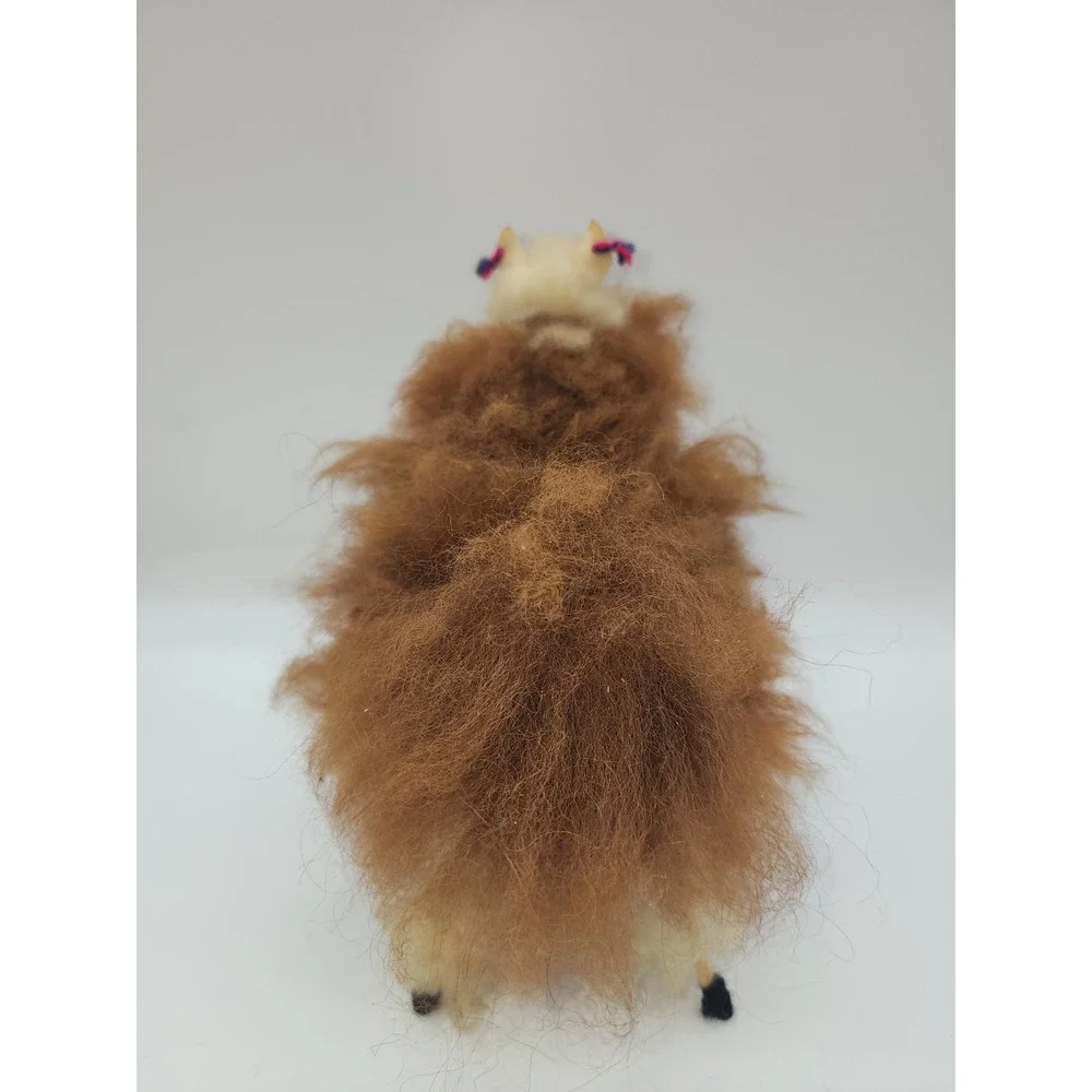 Vintage Handmade Alpaca Wool Llama Figurine Brown Shaggy Folk Art Plush 8.5